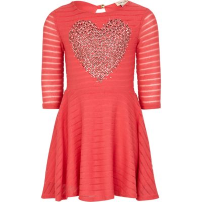Girls coral embellished heart dress