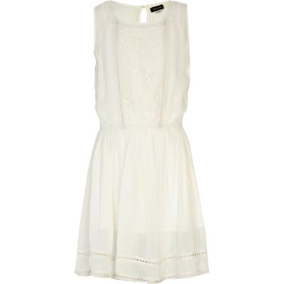 Girls cream embroidered drop waist dress