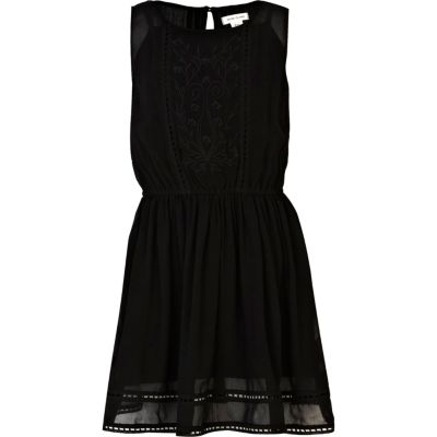 Girls black embroidered drop waist dress