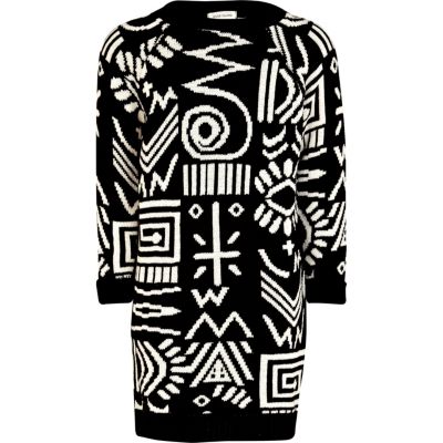 Girls black tribal print knitted dress