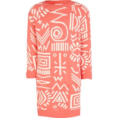 Girls coral tribal print knitted dress