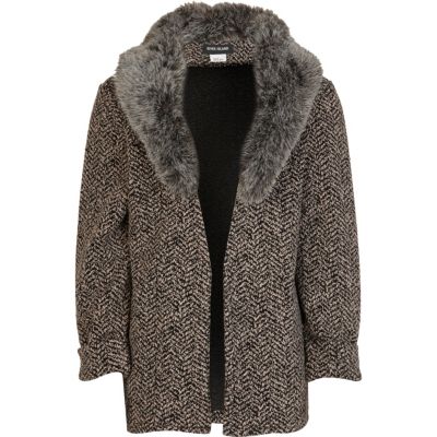 Girls grey boucle faux fur collared blazer