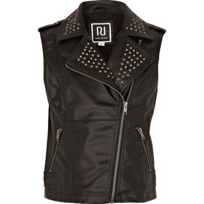 Girls black studded leather look biker gilet