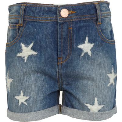 Girls blue mid wash denim star print shorts