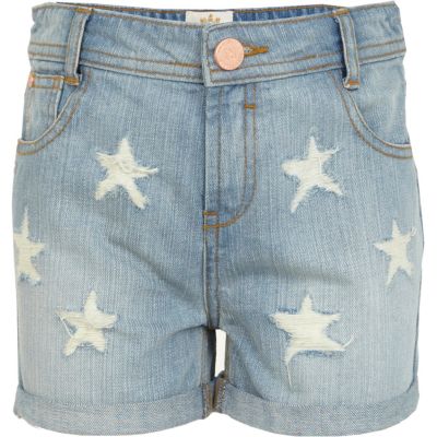 Girls blue light wash denim star print shorts