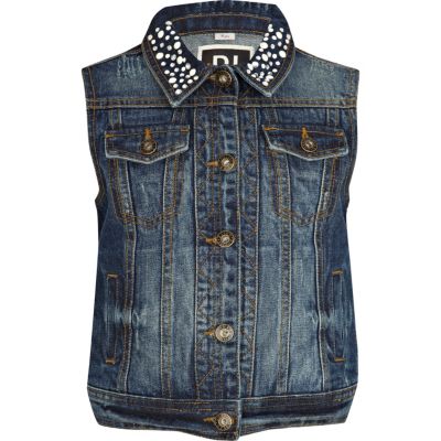 Girls mid wash denim embellished collar gilet