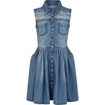 Girls blue denim aztec stud shirt dress 