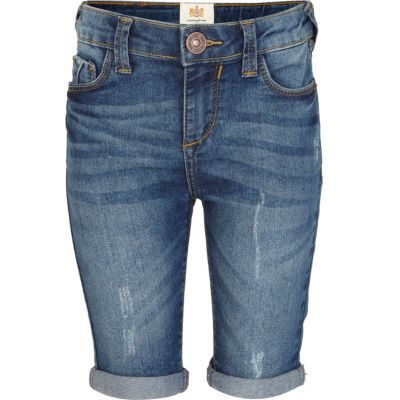 Girls blue mid wash denim long shorts