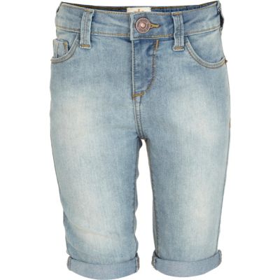 Girls blue light wash long denim shorts