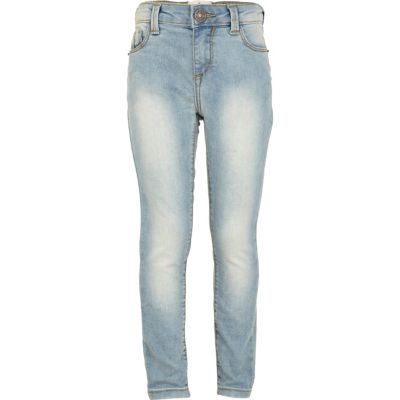 Girls blue bleach wash skinny jeans