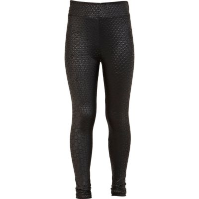 Girls black wet look snake leggings