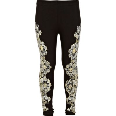 Girls black lace floral leggings 
