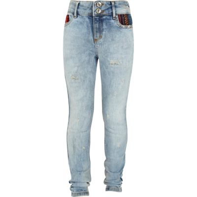 Girls blue light was aztec trim jeans