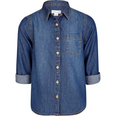 Girls blue mid wash denim shirt