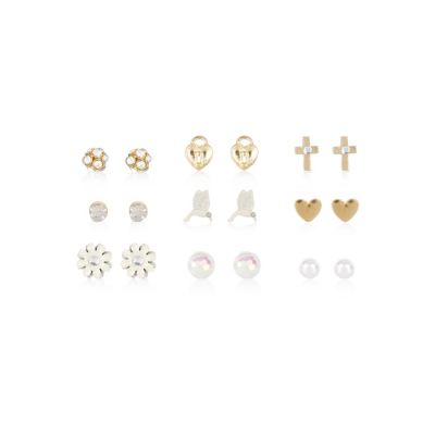 Girls cream multi pack stud earrings