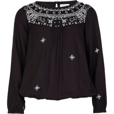 Girls black embroidered trapped hem shirt