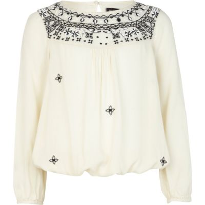 Girls cream embroidered trapped hem shirt