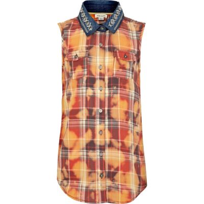 Girls red check acid wash shirt