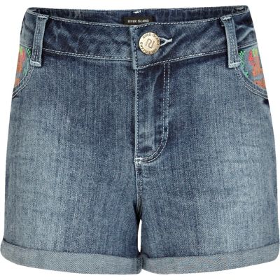 Girls blue embroidered denim shorts
