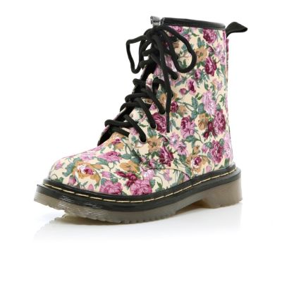 Girls pink floral chunky boots