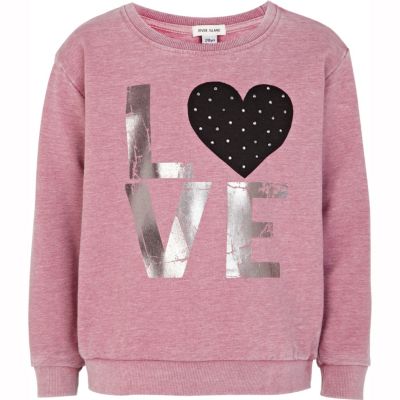 Girls pink studded love heart sweat top