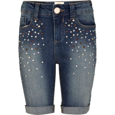 Girls mid wash long denim studded shorts