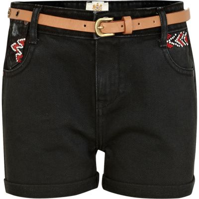 Girls black aztec detail denim shorts