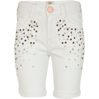 Girls white embellished denim shorts