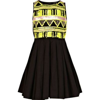 Girls black aztec embellished prom dress
