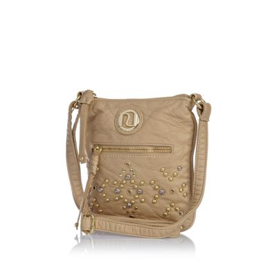 Girls beige studded messenger bag