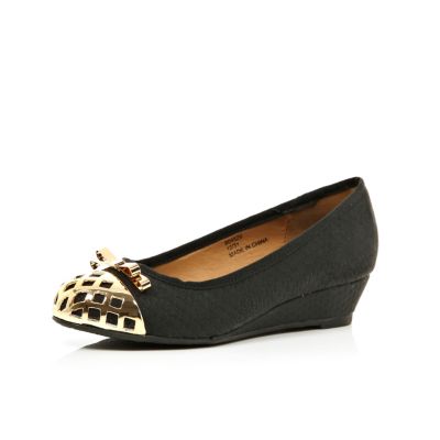 Girls black metal toe ballerina wedges