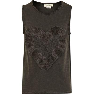 Girls dark grey crochet heart vest top