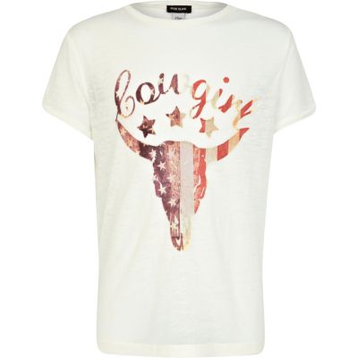 Girls cream cowgirl print burnout t-shirt