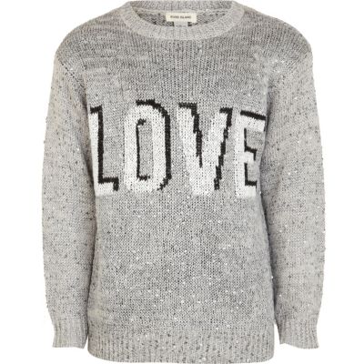 Girls grey love sequin jumper