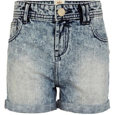 Girls blue acid wash denim shorts