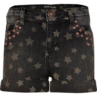Girls grey star print denim shorts