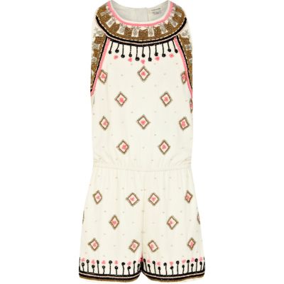 Girls cream embellished playsuit