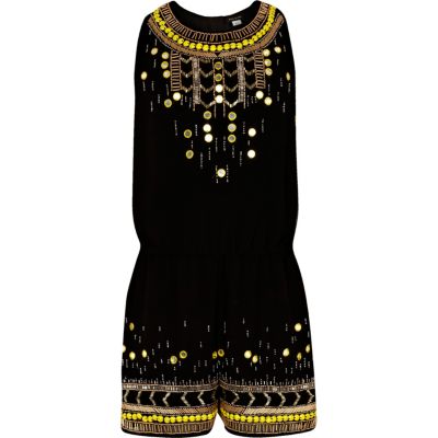 Girls black racer back embellished playsuit