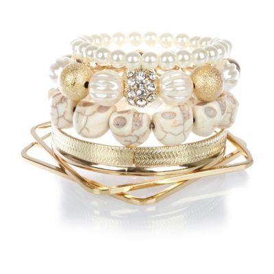Girls cream skull bead multi bracelet pack
