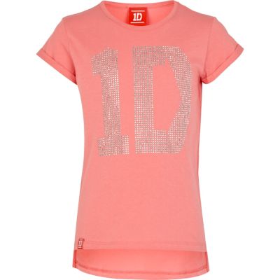 Girls coral One Direction studded t-shirt