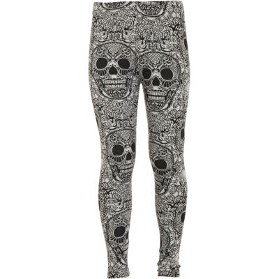 Girls grey skull print leggings
