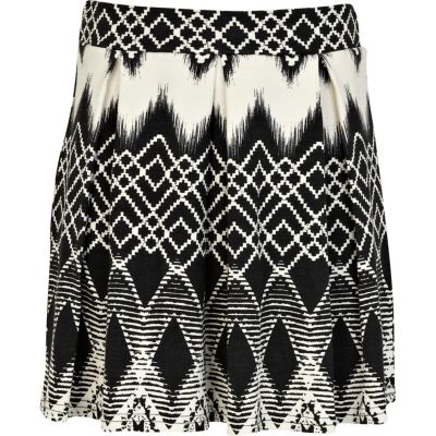 Girls black aztec print skater skirt
