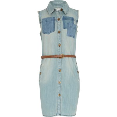 Girls blue light wash denim shirt dress