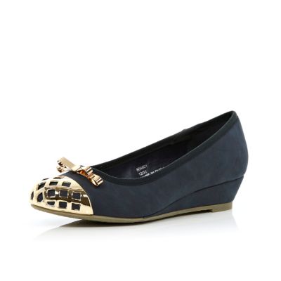 Girls navy metal toe ballerina wedges