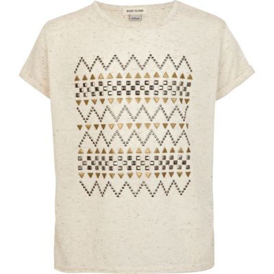 Girls cream aztec embellished t-shirt