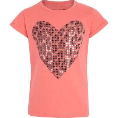 Girls coral foil leopard heart t-shirt