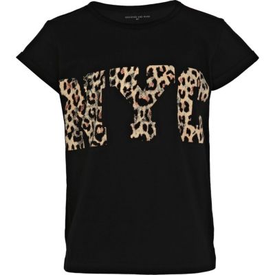Girls black leopard NYC print t-shirt