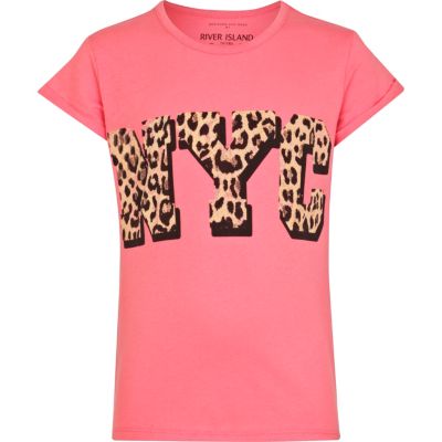 Girls coral leopard NYC print t-shirt