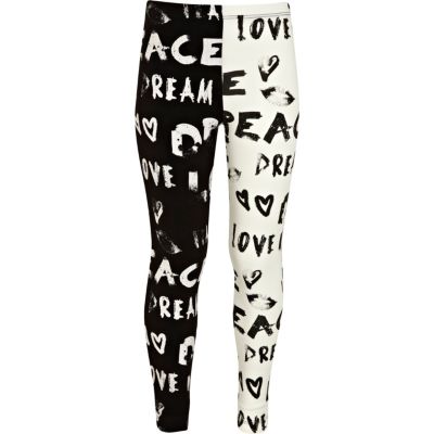 Girls black love and peace print leggings