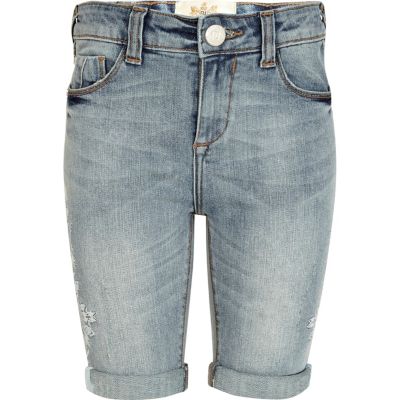 Girls light embroidered long denim shorts